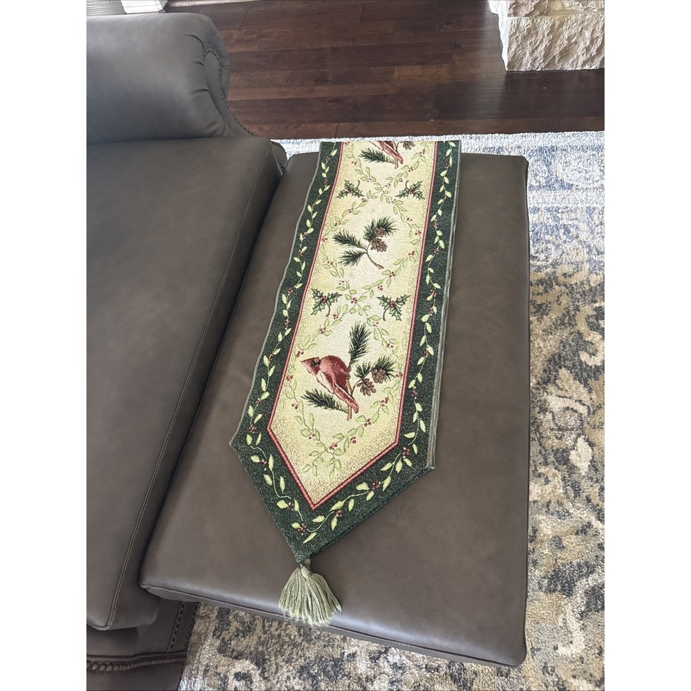 Vintage Christmas Holiday Tapestry Table Runner Cardinals Wintersong 72"x13"